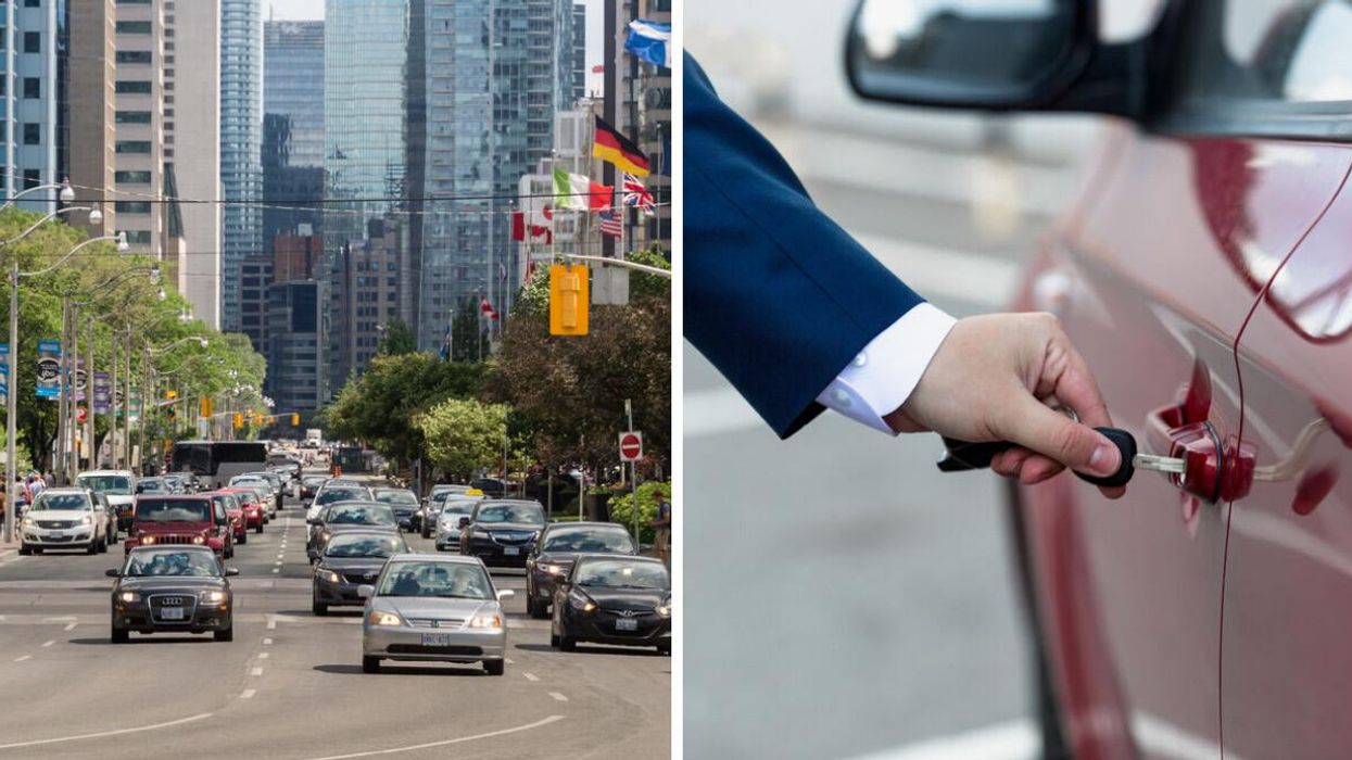 Cars drive along a road in Toronto. Right: A person unlocks a car door with a key.