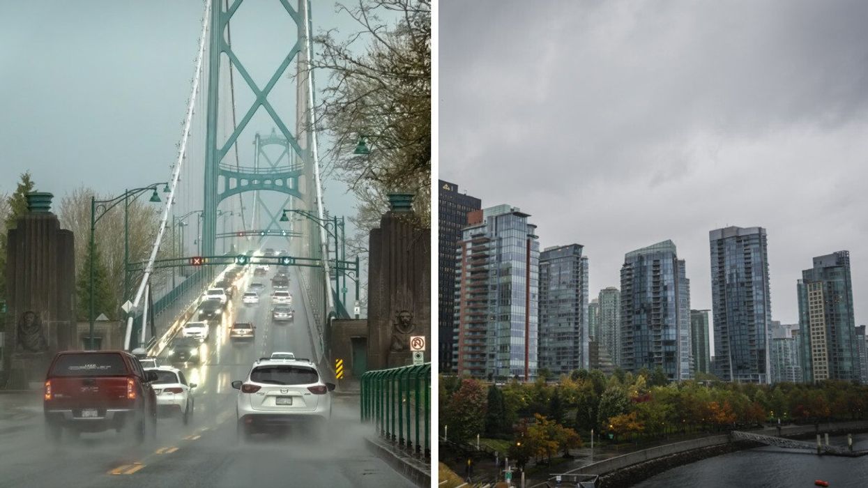 Cars driving across the bridge in the rain. Right: A city with rainclouds.