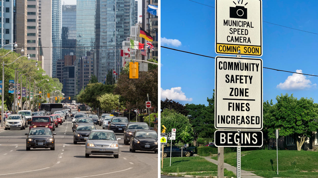Cars driving in downtown Toronto. Right: A street sign warning drivers about speeding and the increased fines.