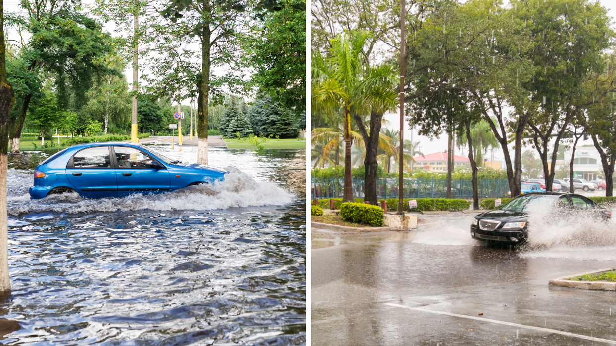 Cars driving in flooded streets.