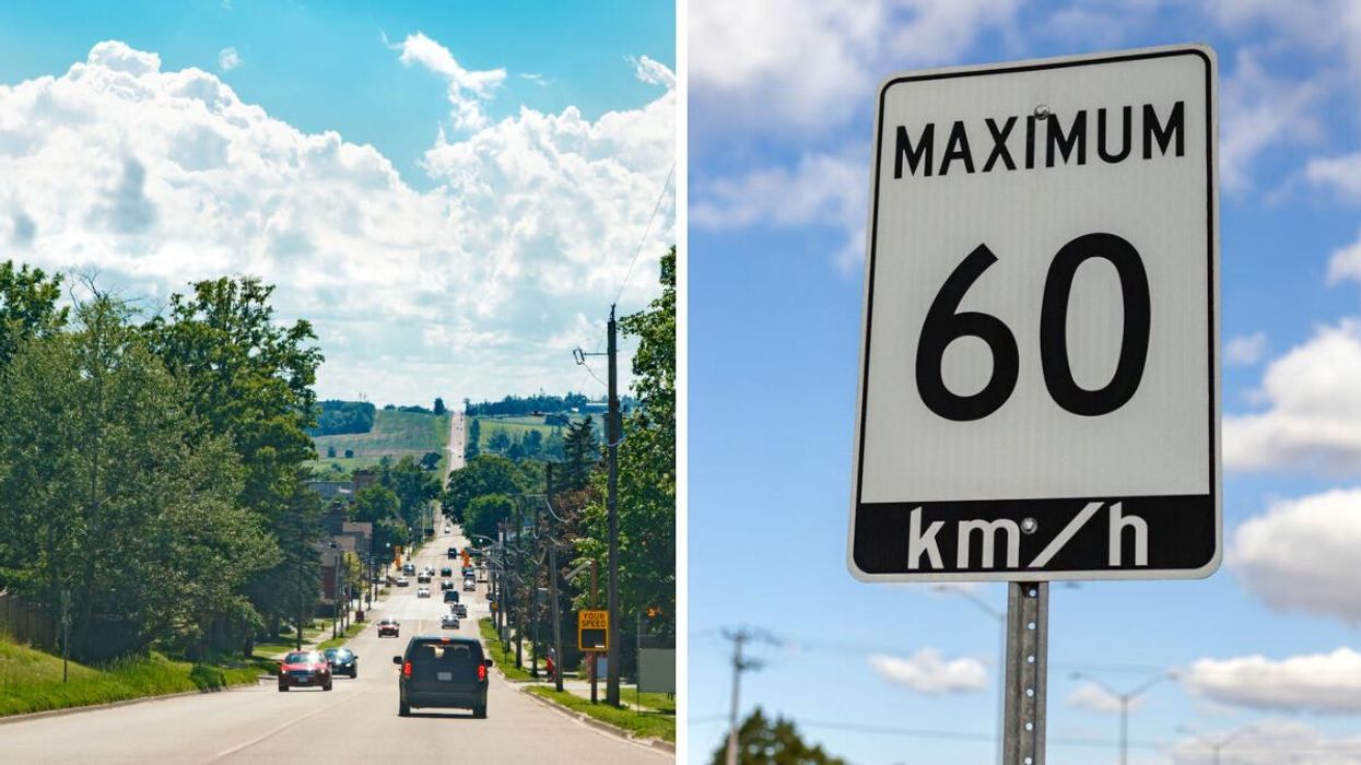 Cars driving in Ontario. Right: Speed limit sign in Toronto.