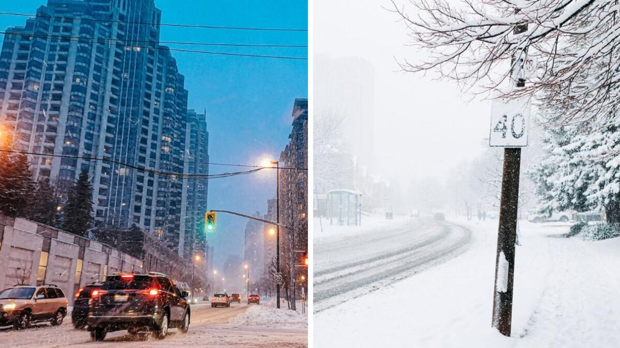 Cars driving in Toronto. Right: A speed limit sign in Toronto.