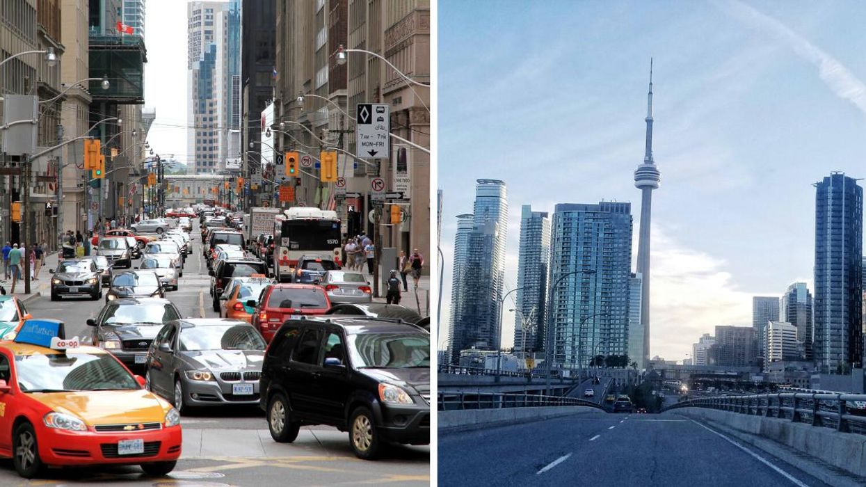 Cars driving in Toronto. Right: CN Tower.