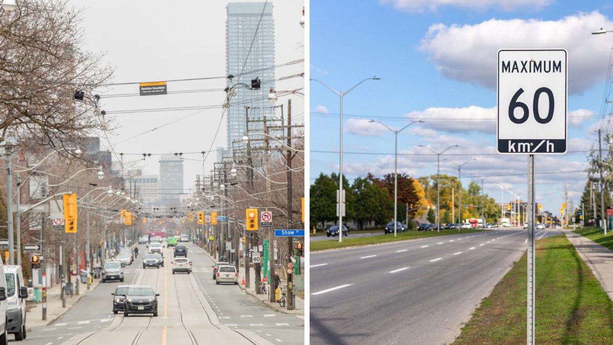 Cars driving in Toronto. Right: Speed limit sign.