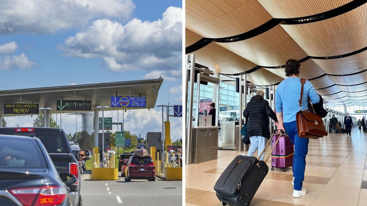 cars in line at the canada-us border. right: people walking with suitcases in a canadian airport
