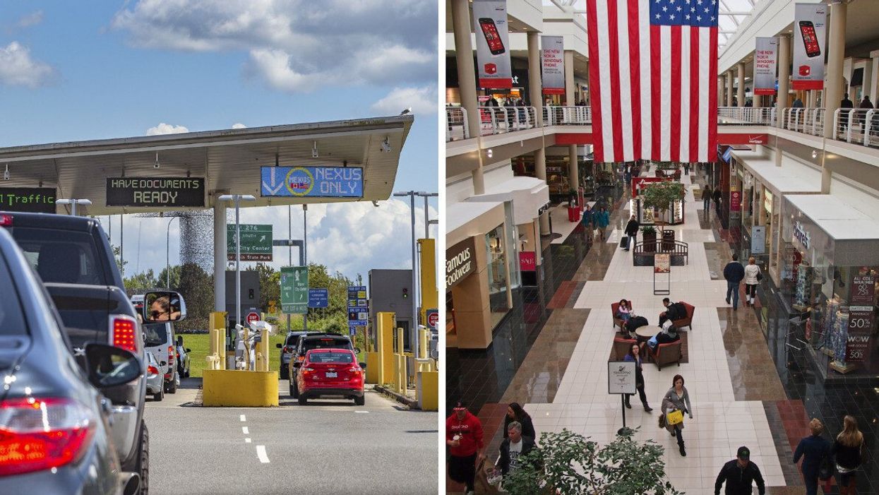 Cars line up at a Canada-U.S. border crossing. Right: An American shopping mall.
