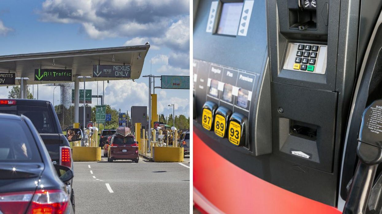 Cars line up at a US-Canada border crossing. Right: Fuel pumps at a gas station.