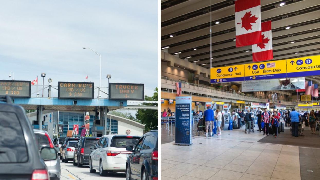 Cars lined up at a Canada-U.S. border crossing. Right: Travellers at the Calgary International Airport.