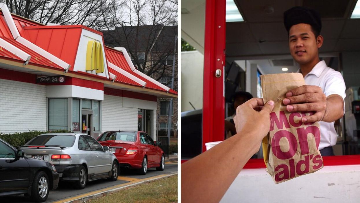 Cars lined up at McDonald's drive-thru. Right: McDonald's worker handing customer their order.