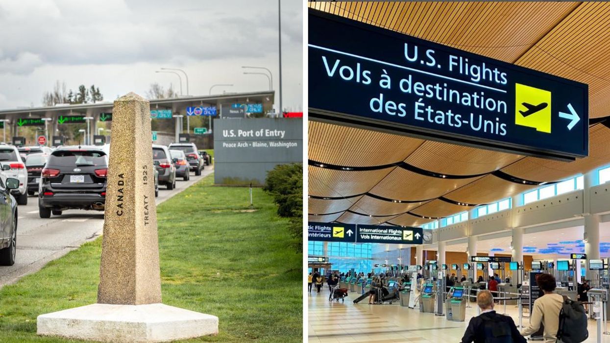 Cars lining up at the Blaine border. Right: Passengers walk alongside a U.S. flights sign in Winnipeg Airport.