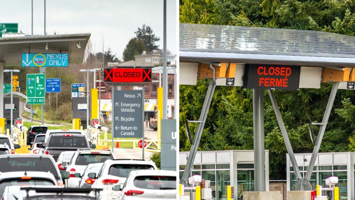 Cars lining up at the Canada-U.S. border. Right: A "closed" sign at the Canada-U.S. border.