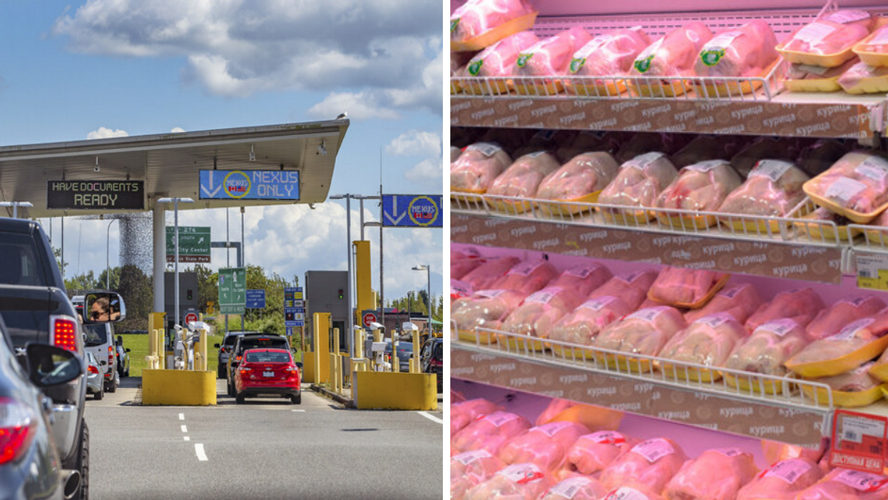 Cars lining up at the US-Canada border. Right: Packaged poultry in a store.
