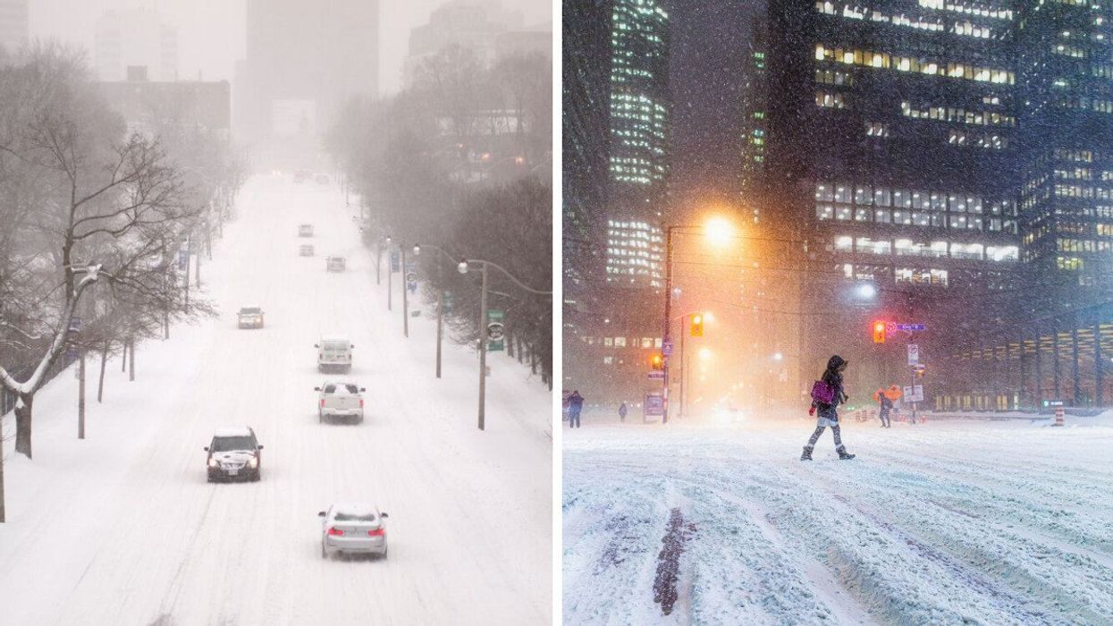 Cars on a road during a winter storm in Toronto. Right: A person walks at night as snow falls in Toronto.