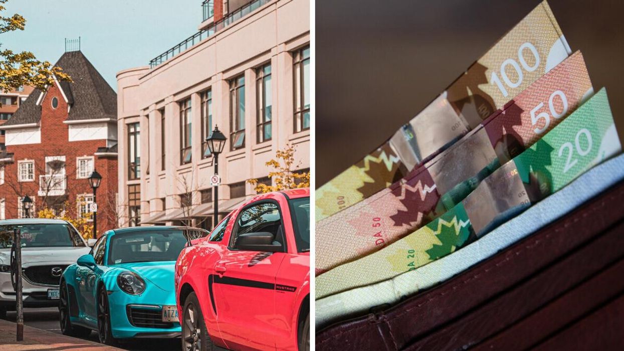 Cars on a road in Burlington, Ontario. Right: Canadian bills in a wallet.