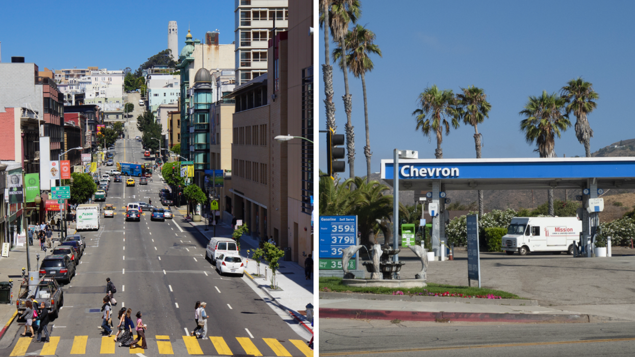 Cars on the California roads. Right: A Chevron in California.