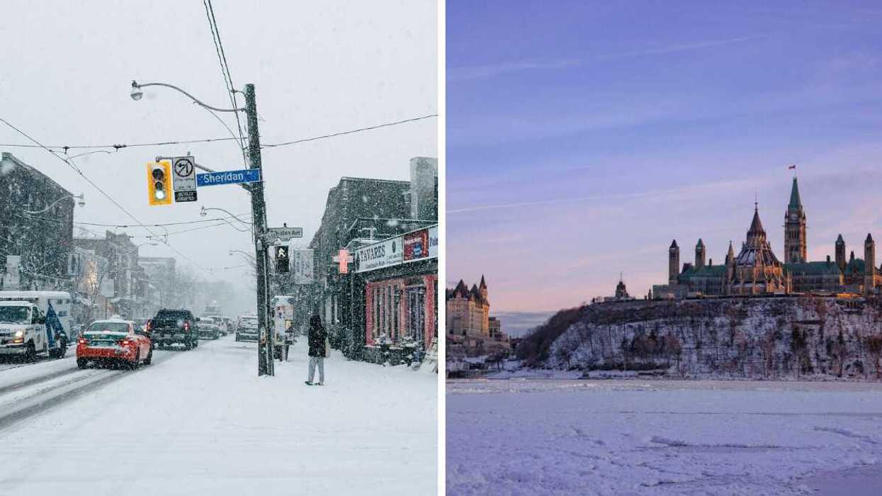 cars on toronto street during snowfall. right: snow-covered parliment hill in ottawa during winter