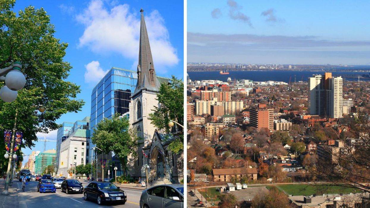 Cars parked in a street in Ottawa on a sunny day. Right: A bird's eye view of Hamilton.