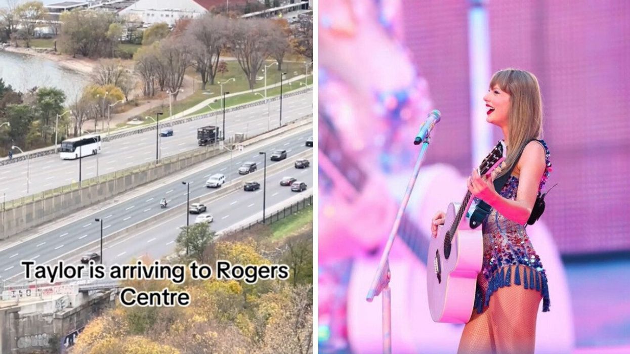 Cars travelling down a highway. Right: Taylor Swift holding a pink guitar.