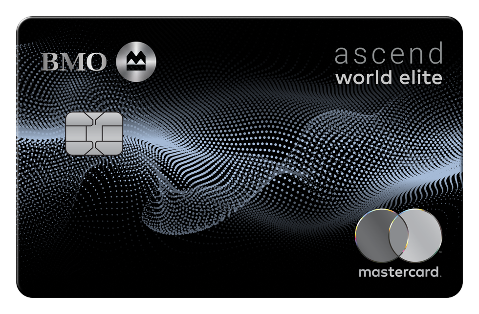 Carte de cr\u00e9dit Mastercard BMO Ascend World Elite aux nuances noires et argent\u00e9es.