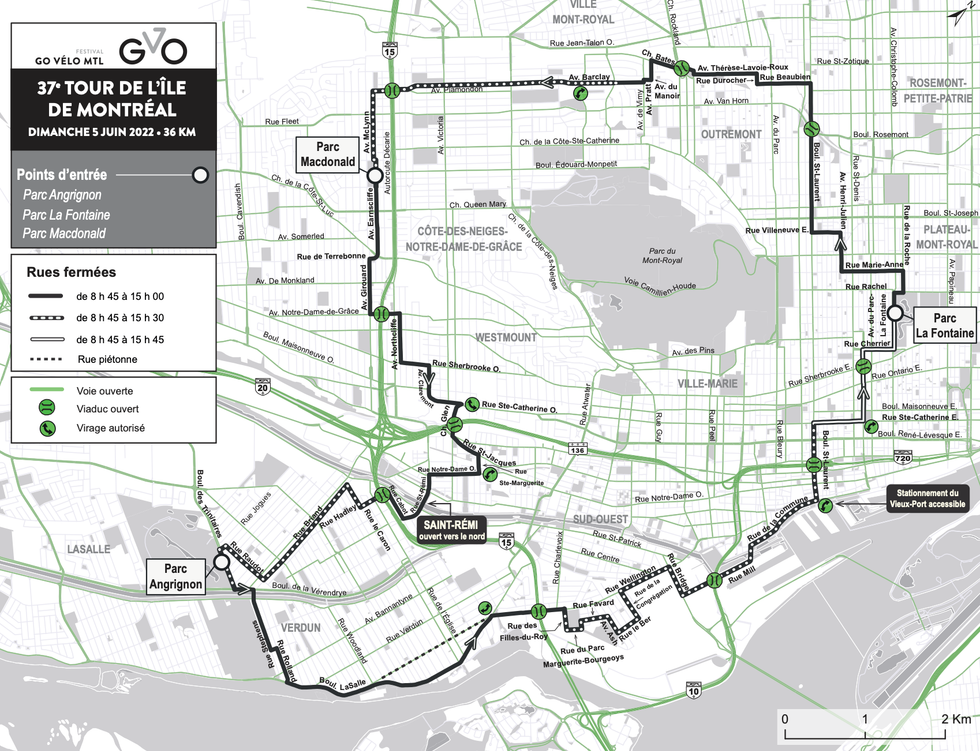 Carte de l'itin\u00e9raire du Tour de l'\u00cele de Montr\u00e9al.