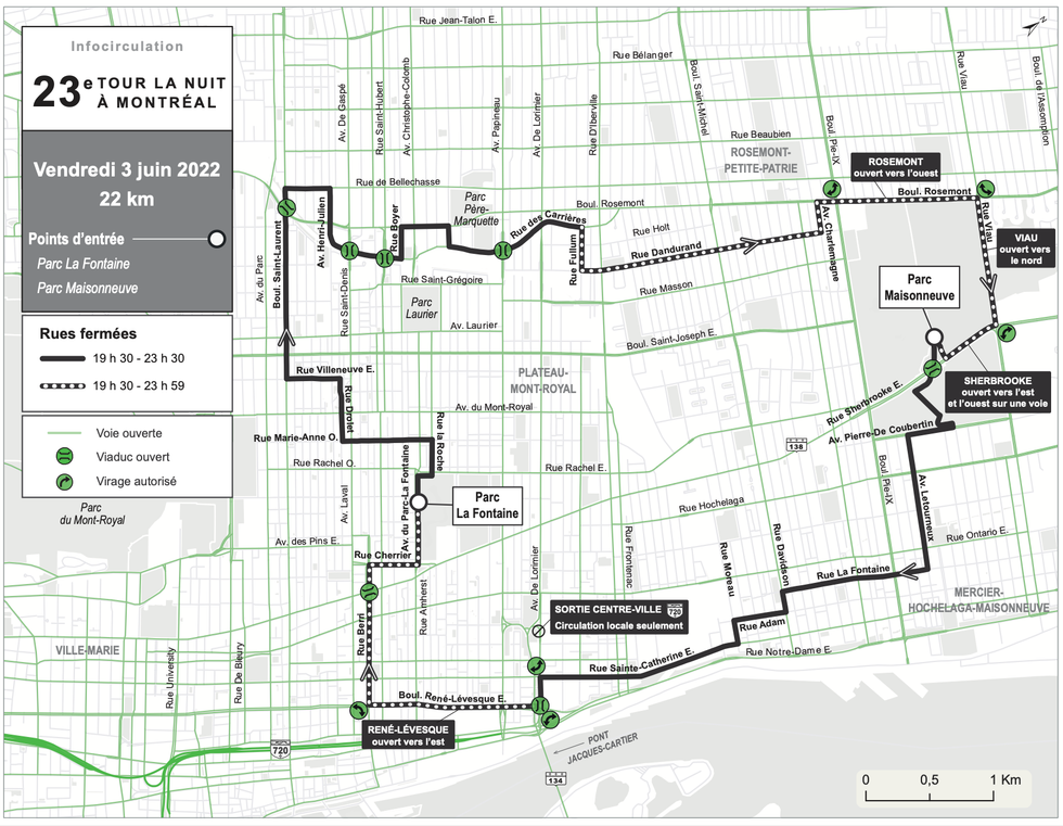 Carte de l'itin\u00e9raire du Tour la nuit.