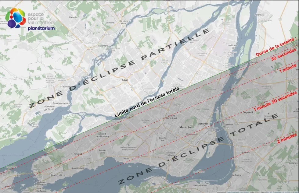 Carte de la grande r\u00e9gion de Montr\u00e9al avec des indications sur la zone de l'\u00e9clipse totale.