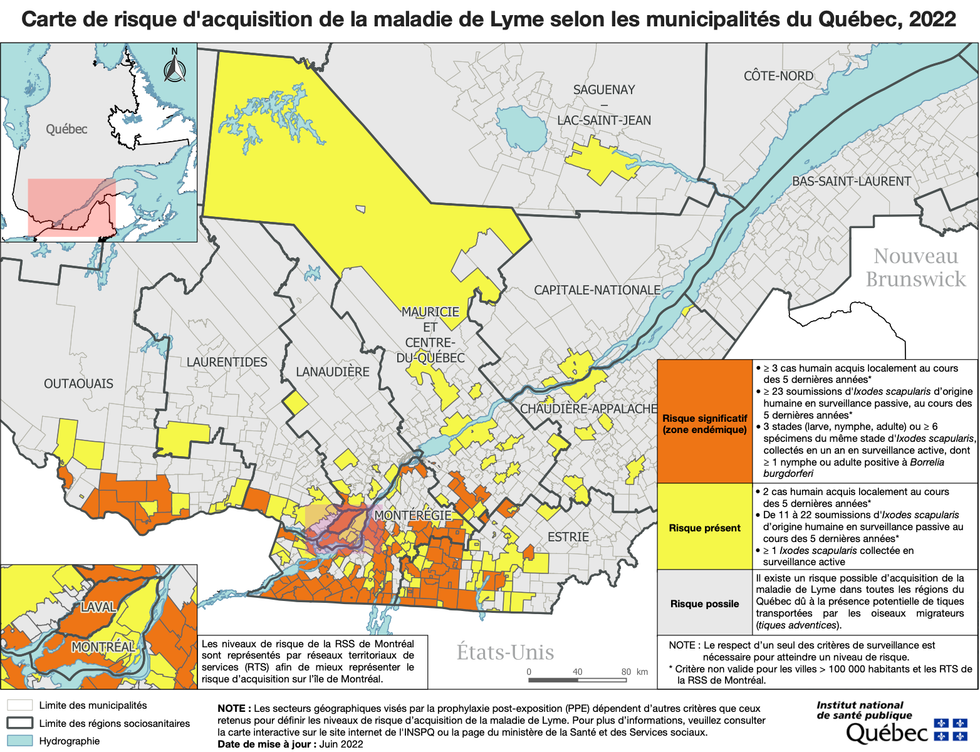 Carte de risque d\u2019acquisition de la maladie de Lyme selon les municipalit\u00e9s du Qu\u00e9bec, 2022.