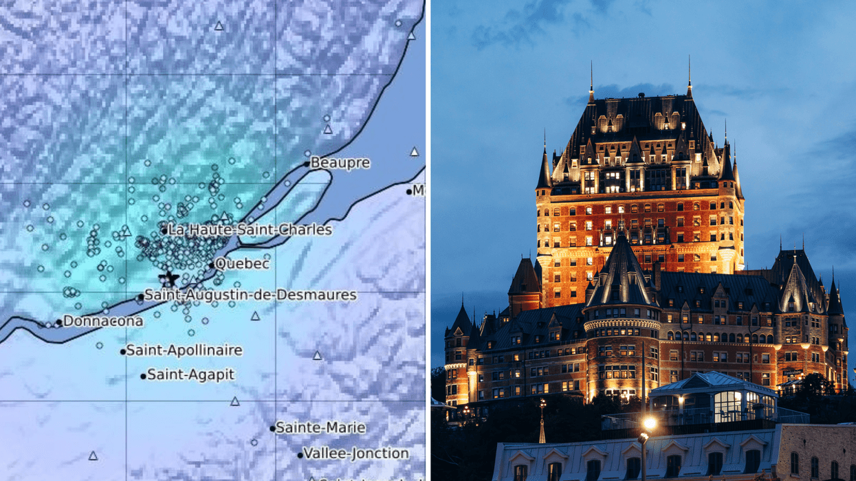 Carte de secousses du séisme du 2 août 2026 à Québec. Droite : Le Château Frontenac.