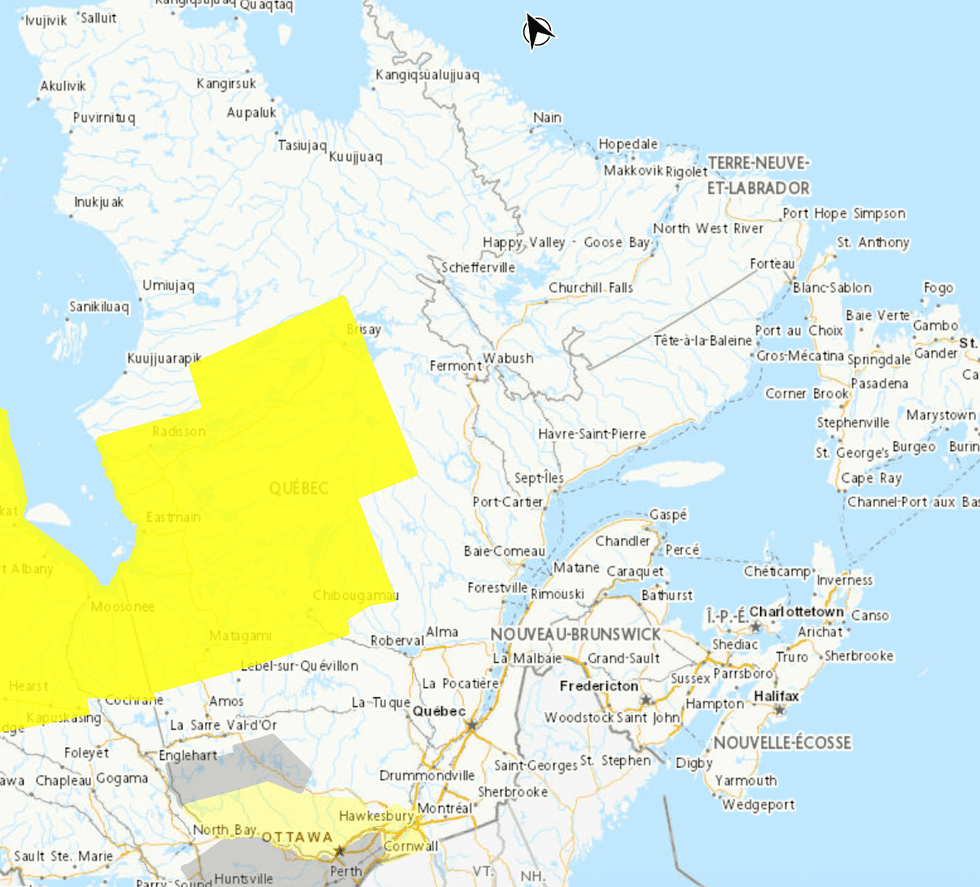 Carte des alertes m\u00e9t\u00e9o d'Environnement Canada en date du 10 juin 2026 \u00e0 midi.
