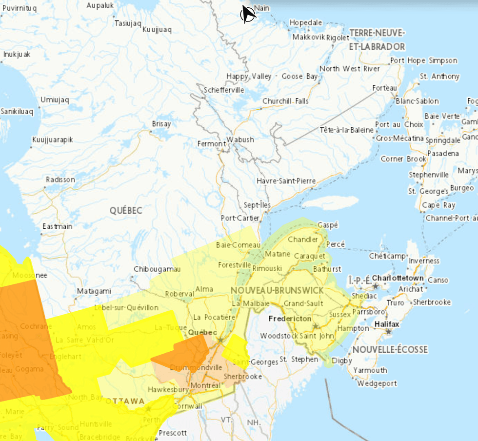 Carte des alertes m\u00e9t\u00e9o d'Environnement Canada en date du 14 juillet 2026.