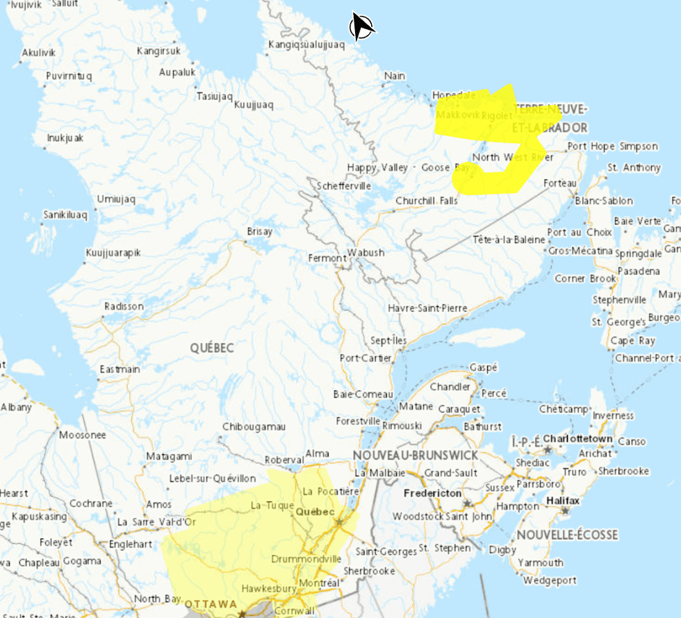 Carte des alertes m\u00e9t\u00e9orologiques au Qu\u00e9bec ce 28 juillet 2026.