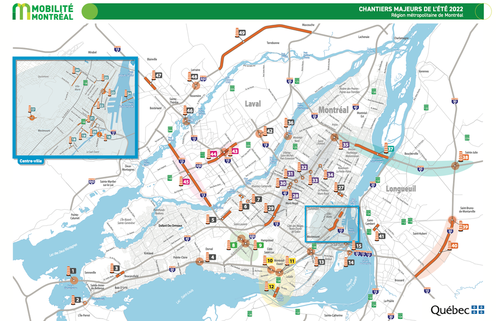 Carte des chantiers majeurs de l'\u00e9t\u00e9 2022 sur l'\u00eele de Montr\u00e9al.