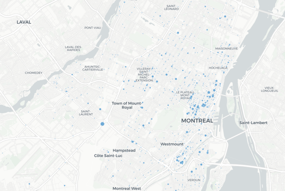 Carte des entr\u00e9es par effraction sur l'\u00eele de Montr\u00e9al de janvier \u00e0 mars 2023.