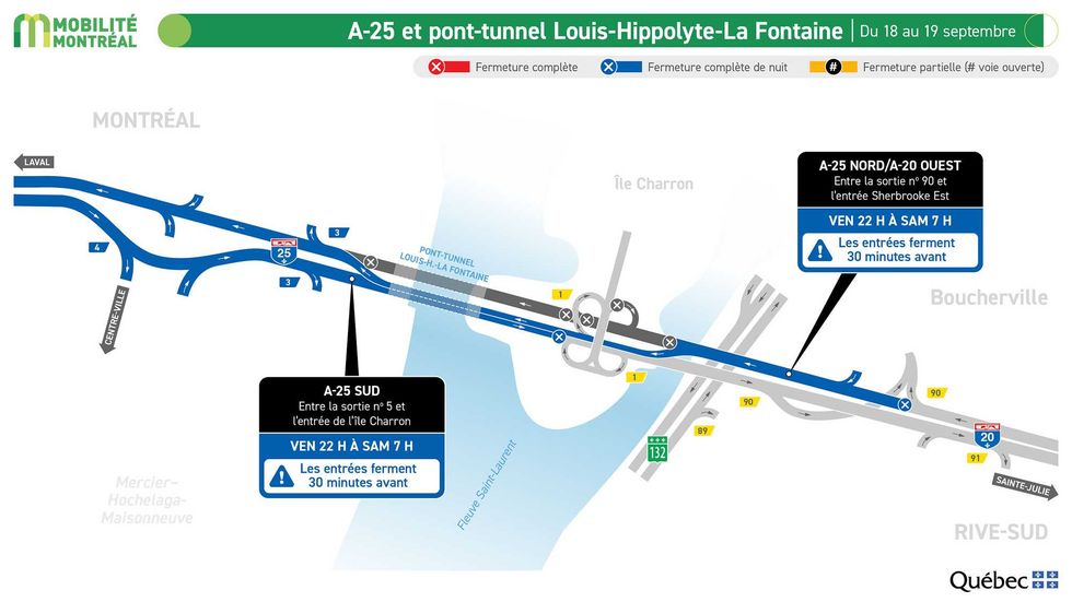 Carte des entraves sur le pont tunnel Louis-Hyppolyte-La Fontaine.