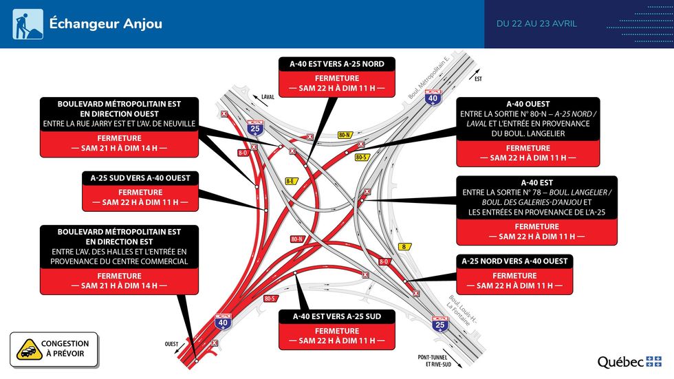 Carte des fermetures routi\u00e8res pour l'\u00e9changeur Anjou.