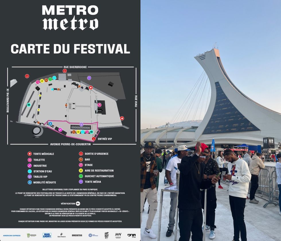 Carte du festival Metro Metro. Droite : Site du festival devant le Stade olympique.