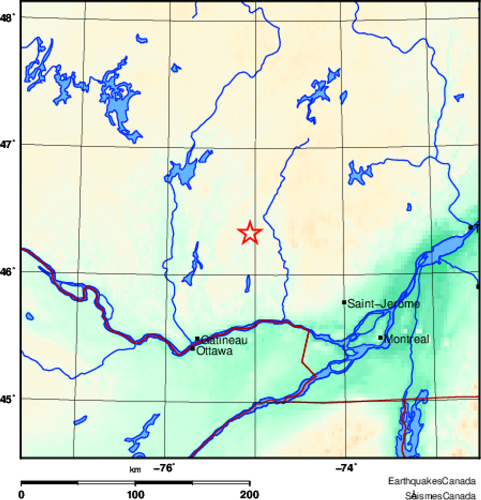 Carte du lieu approximatif du s\u00e9isme du 19 mars 2025 au Qu\u00e9bec.