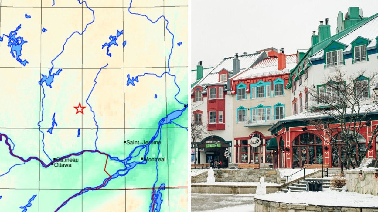 Carte du lieu approximatif du séisme du 19 mars 2025. Droite : Des immeubles du Village de Mont Tremblant.