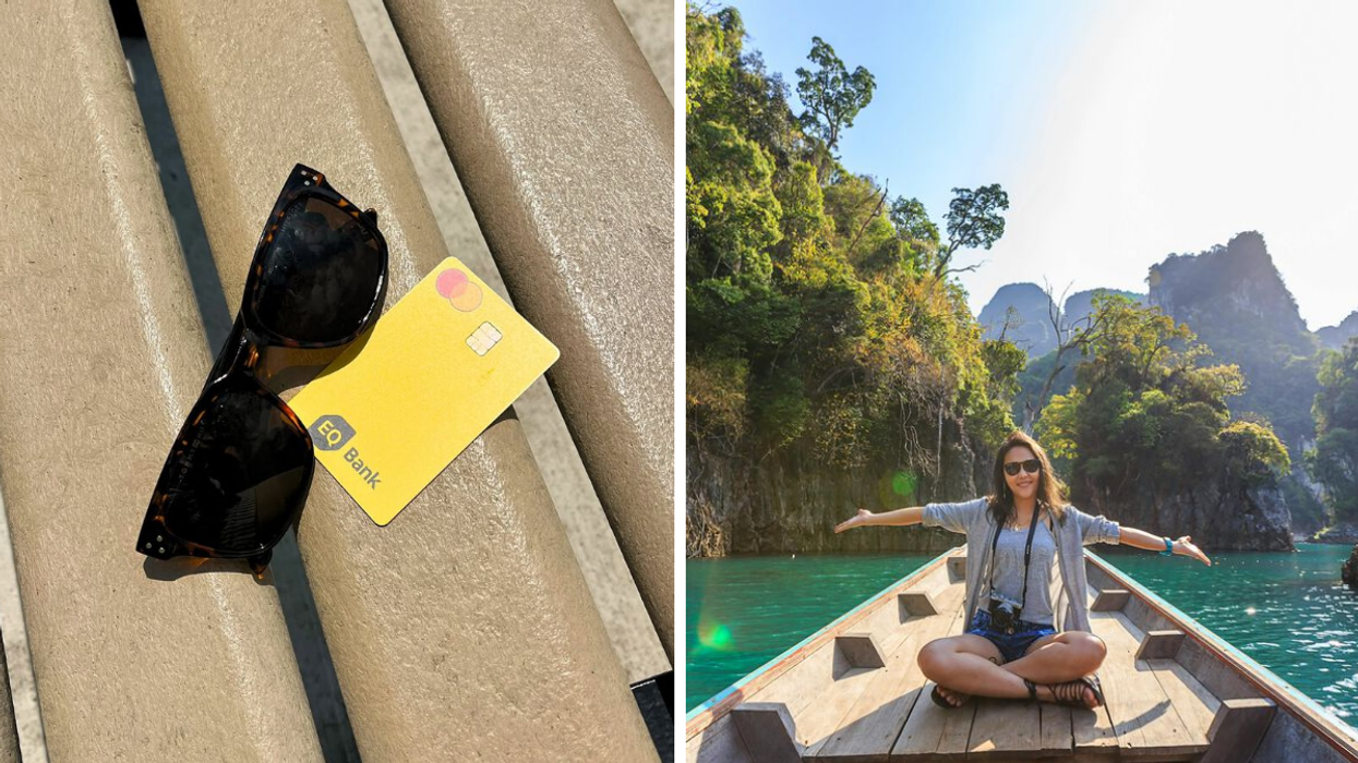 Carte EQ Bank et lunettes de soleil posées sur un banc en plein soleil. Droite: Femme assise sur un bateau, bras ouverts, dans une destination tropicale entourée de montagnes.