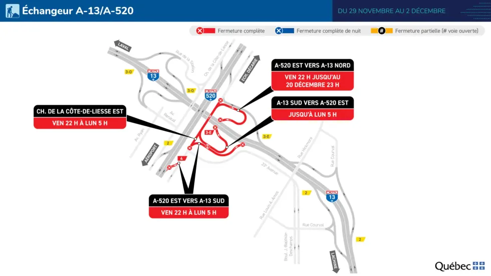 Carte illustrant la fermeture dans l'\u00e9changeur des autoroutes 13 et 520.