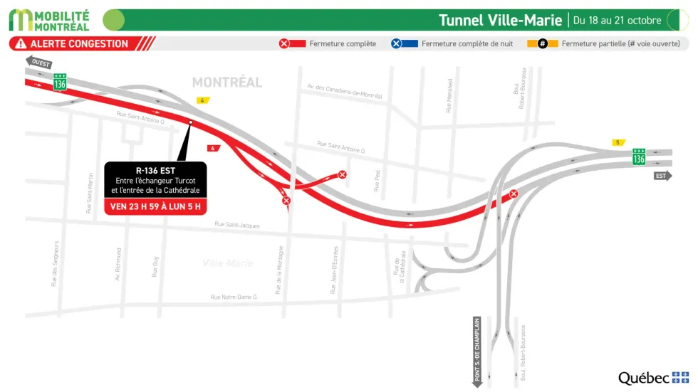 Carte illustrant la fermeture dans le Tunnel Ville-Marie ce weekend.