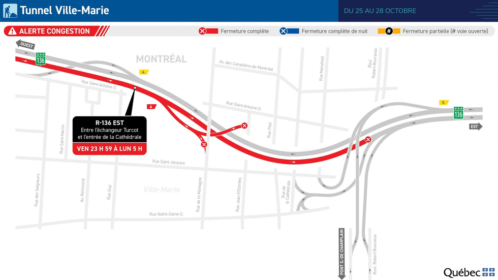 Carte illustrant la fermeture de l'Autoroute Ville-Marie ce weekend.