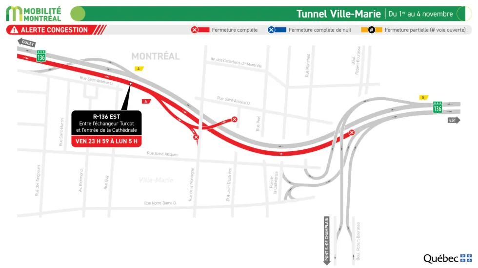 Carte illustrant la fermeture de l'Autoroute Ville-Marie ce weekend.