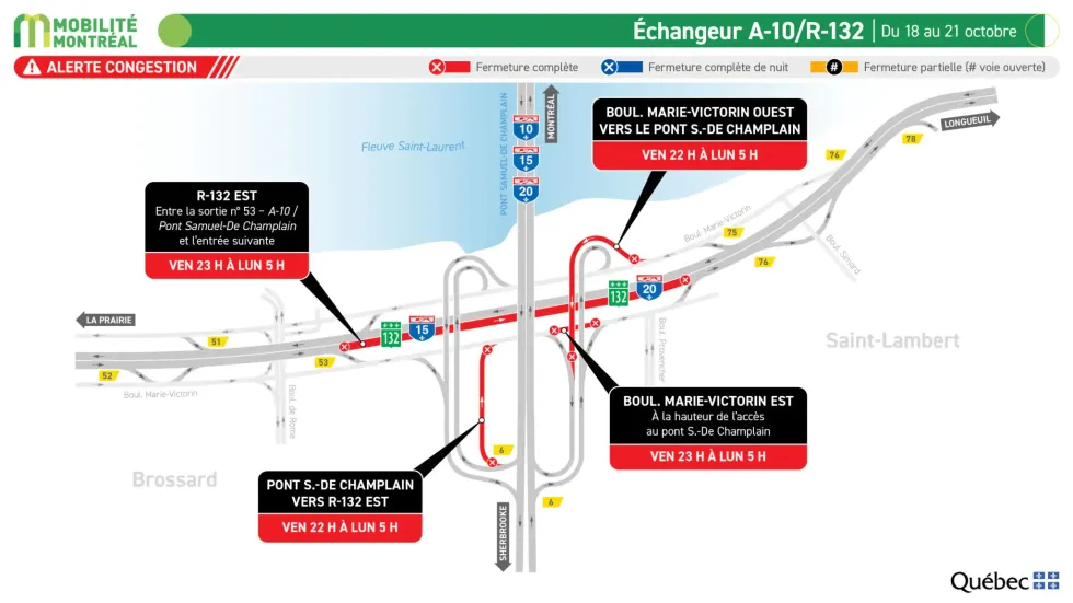 Carte illustrant la fermeture de l'\u00e9changeur A-10/Route 132 ce weekend.