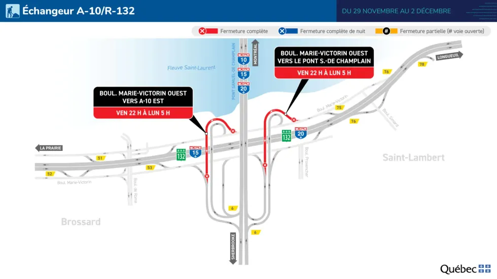Carte illustrant la fermeture de l'\u00e9changeur de l\u2019autoroute 10 et de la route 132.