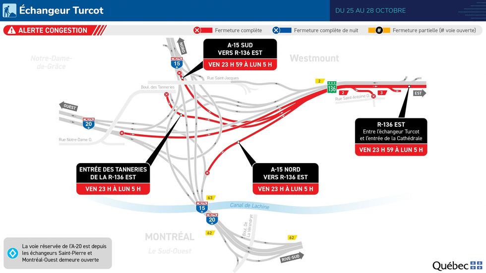 Carte illustrant les fermetures dans l'\u00e9changeur Turcot ce week-end.