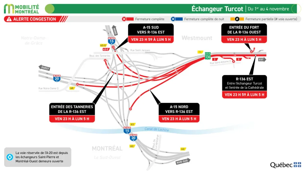 Carte illustrant les fermetures dans l'\u00e9changeur Turcot ce week-end.