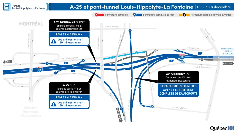 Carte illustrant les fermetures de l'Autoroute 25 / Tunnel Louis-Hippolyte-La Fontaine.