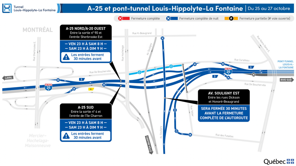 Carte illustrant les fermetures sur l'autoroute 25 et le tunnel Ville-Marie ce week-end.