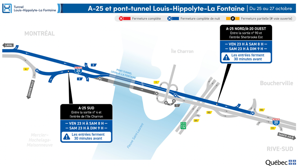 Carte illustrant les fermetures sur l'autoroute 25 et le tunnel Ville-Marie ce week-end.